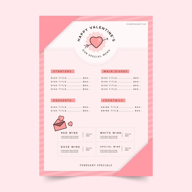 Плоский дизайн меню ресторана на день святого валентина