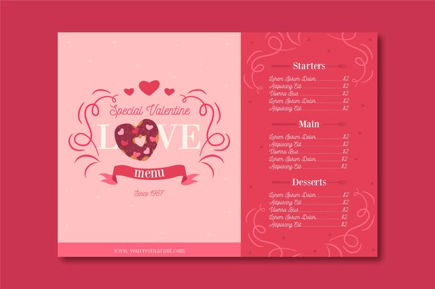 Modello di menu design piatto di san valentino