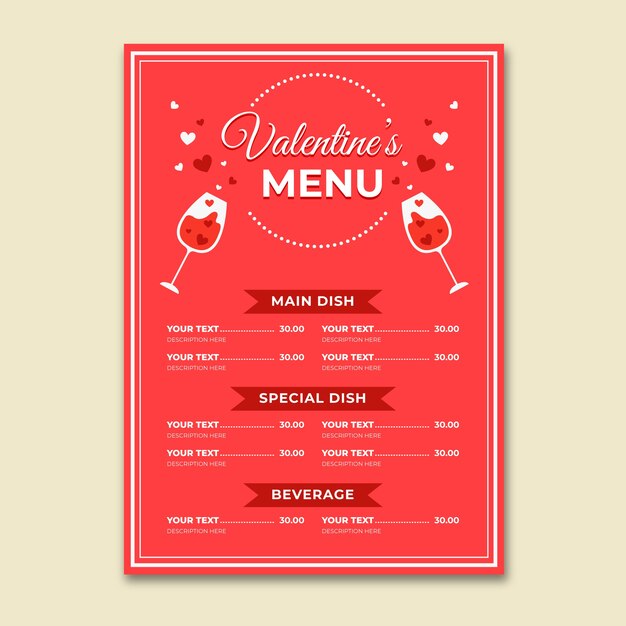 Modello di menu design piatto di san valentino