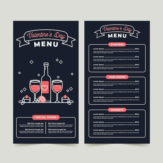 Modello di menu design piatto di san valentino