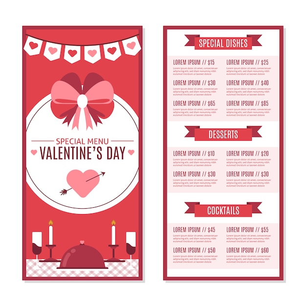 Vettore gratuito modello di menu design piatto di san valentino