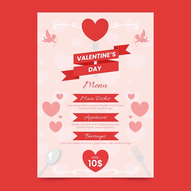 Vettore gratuito modello di menu design piatto di san valentino