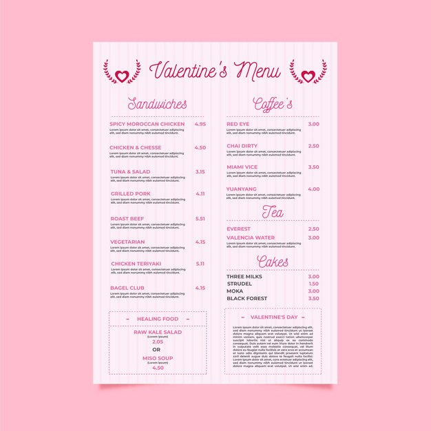 Плоский дизайн шаблон меню день Святого Валентина