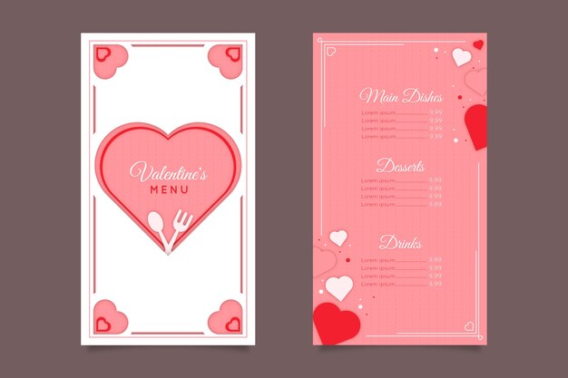 Vettore gratuito modello di menu design piatto di san valentino