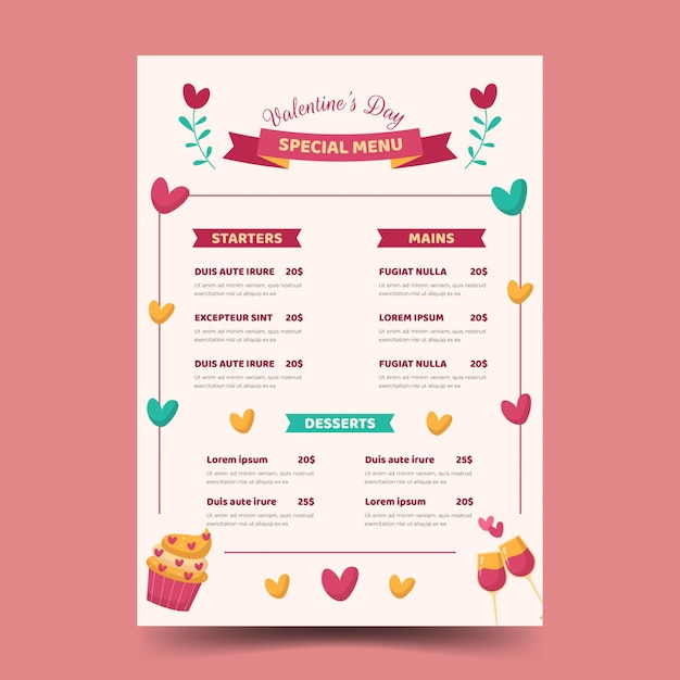 Modello di menu di san valentino design piatto