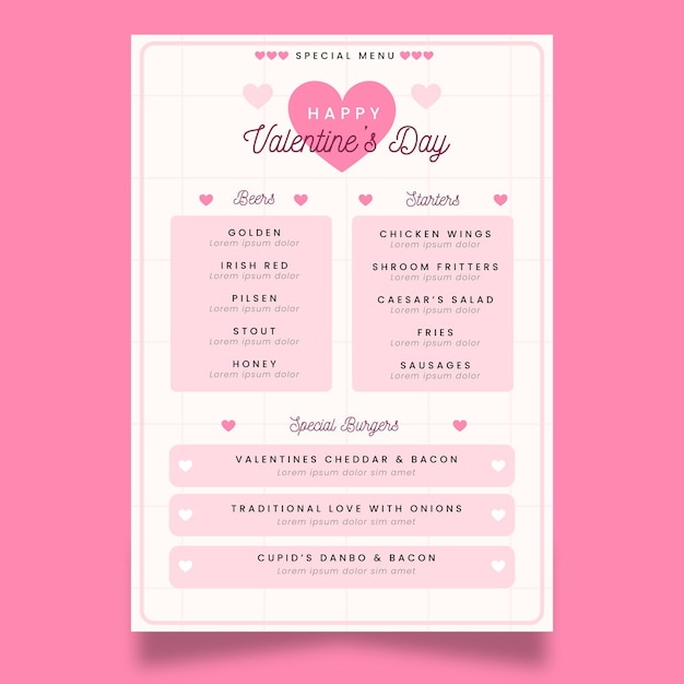 Modello di menu di san valentino design piatto