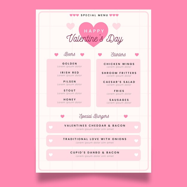 Flat design valentines day menu template