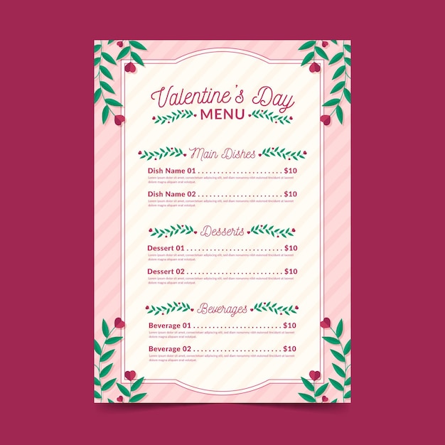 Modello di menu di san valentino design piatto