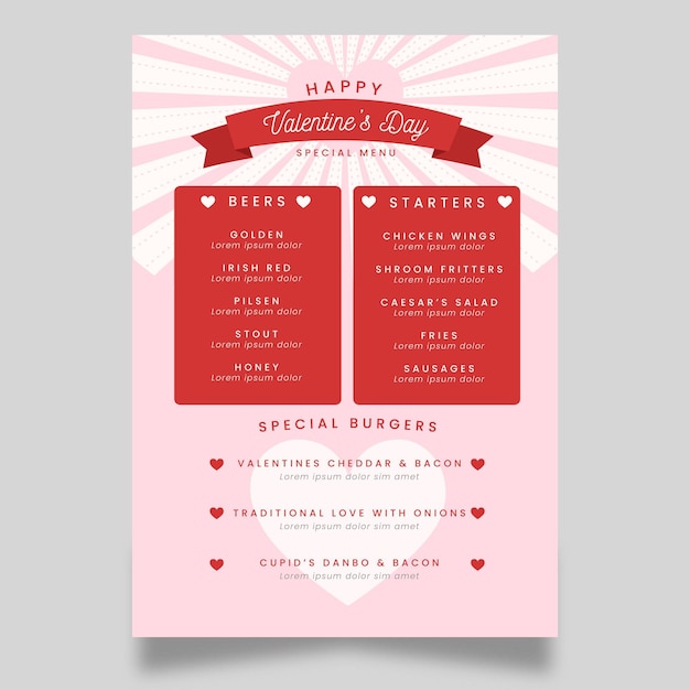 Vettore gratuito modello di menu di san valentino design piatto