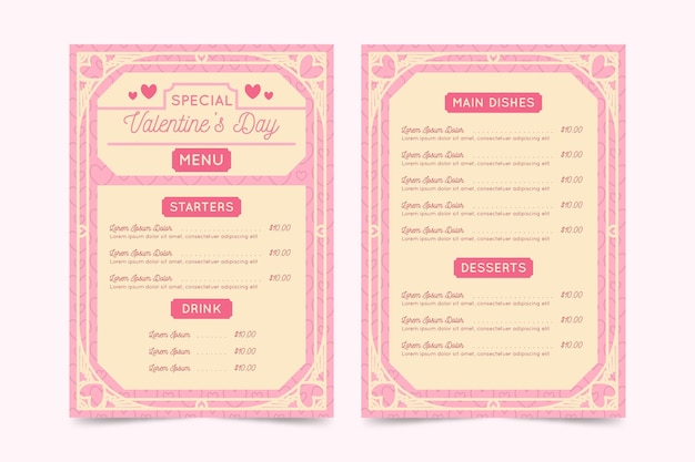 Free vector flat design valentines day menu template