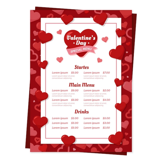 Modello di menu di san valentino design piatto