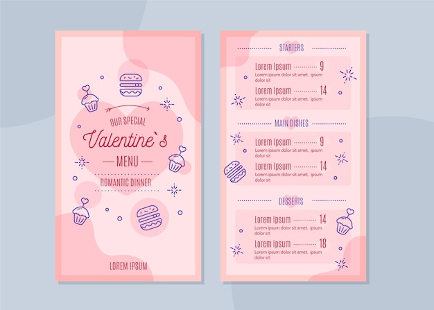 Vettore gratuito modello di menu di san valentino design piatto