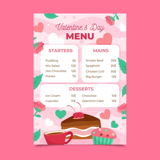 Modello di menu di san valentino design piatto