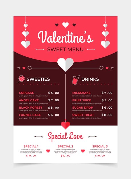 Flat design valentines day menu template