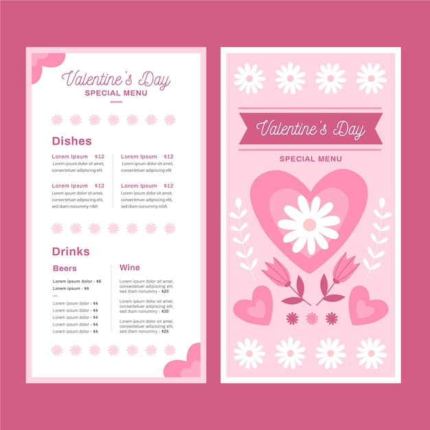 Modello di menu di san valentino design piatto