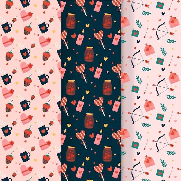 Vettore gratuito collezione di pattern di san valentino design piatto