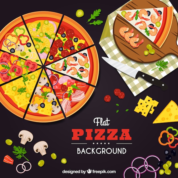 Flat design variety of pizza background