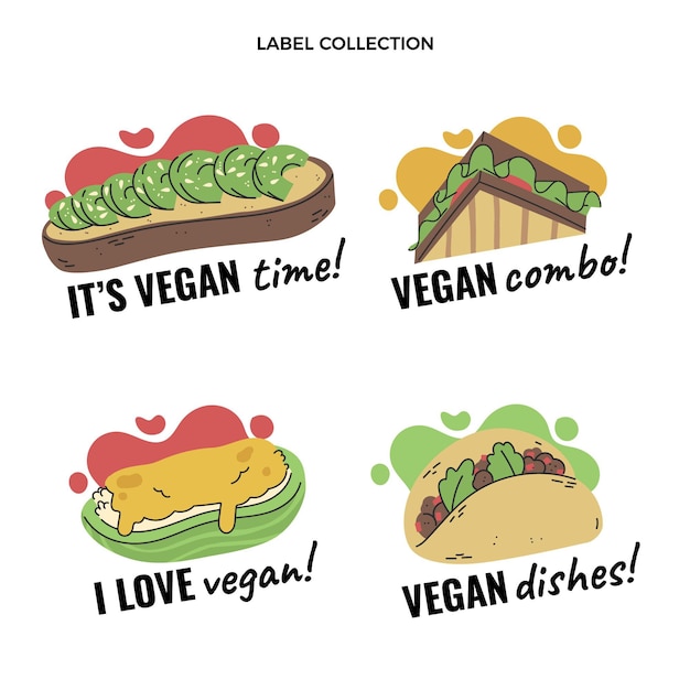 Free vector flat design vegan food labels