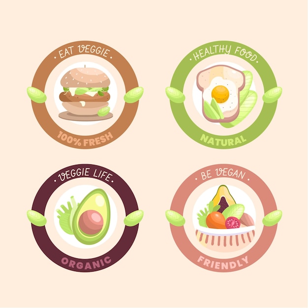 Плоский дизайн вегетарианских пищевых значков и этикеток