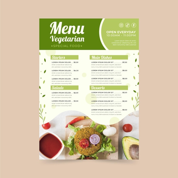 Vettore gratuito menu vegetariano dal design piatto