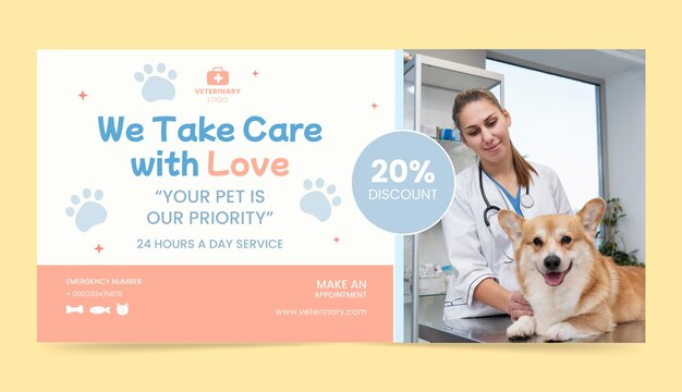 Flat design veterinary center sale banner