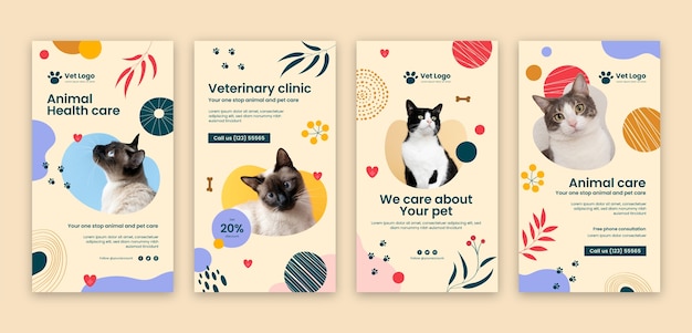 Vettore gratuito storie di instagram della clinica veterinaria dal design piatto