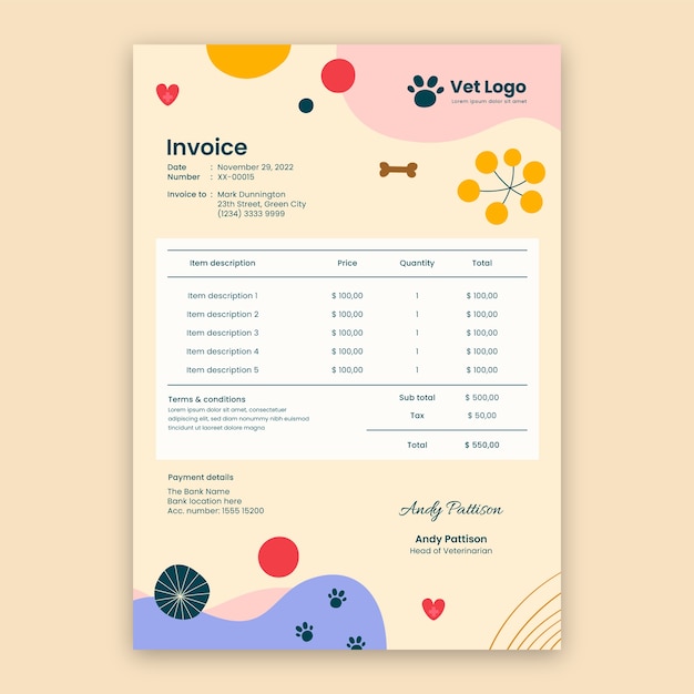 Free vector flat design veterinary clinic invoice