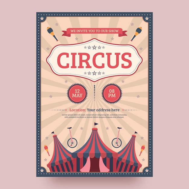 Vettore gratuito invito divertente da circo vintage design piatto
