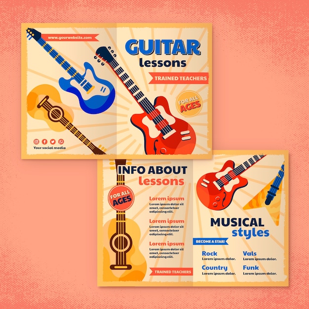 Vettore gratuito brochure di lezioni di chitarra vintage design piatto