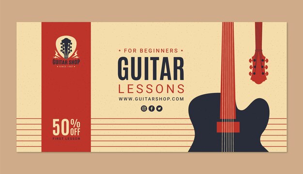 Vettore gratuito modello di lezioni di chitarra vintage design piatto