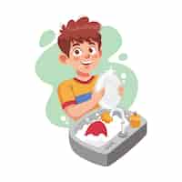 Бесплатное векторное изображение Плоская конструкция мытья посуды мультфильм иллюстрация