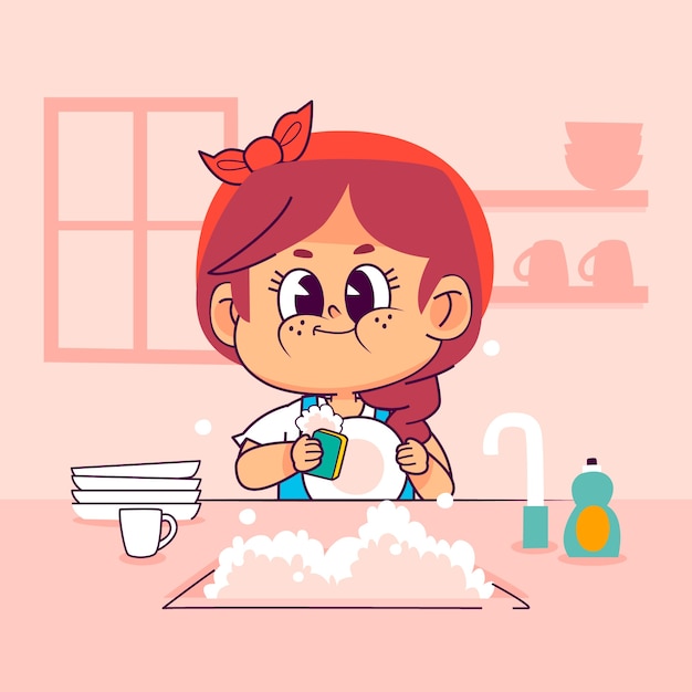 Плоская конструкция мытья посуды мультфильм иллюстрация