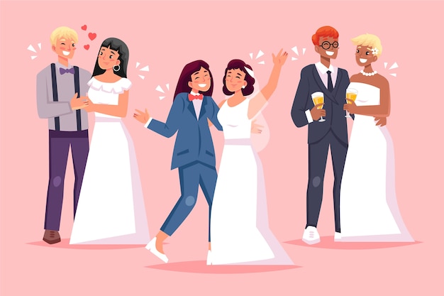 Бесплатное векторное изображение Плоский дизайн свадебной пары иллюстрации набор