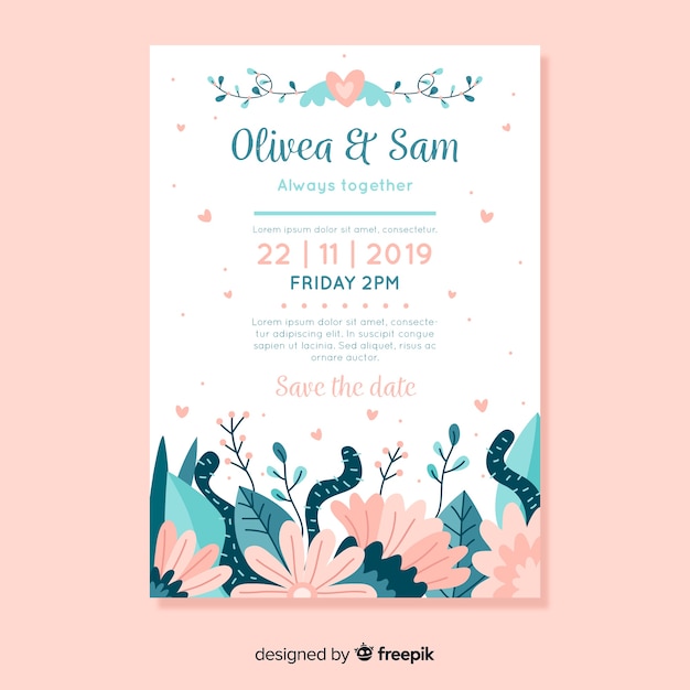 Flat design wedding invitation template with flowers