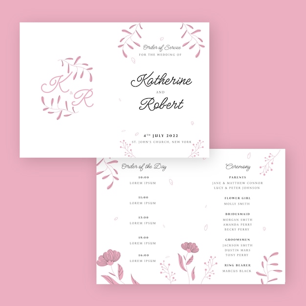 Free vector flat design wedding order of service template