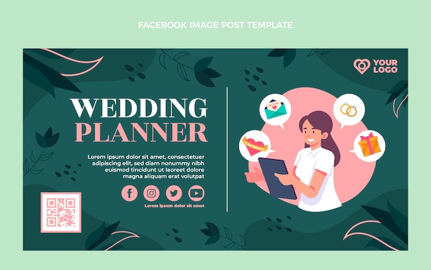 Vettore gratuito post facebook di wedding planner design piatto