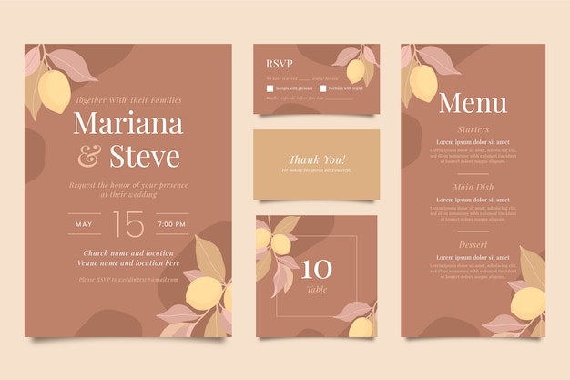 Free vector flat design wedding stationery pack template