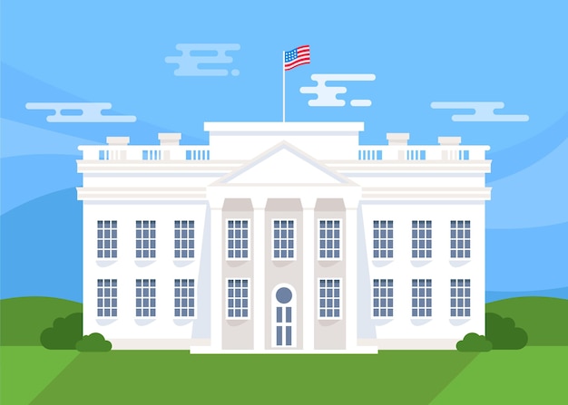 Flat design white house front view and flag