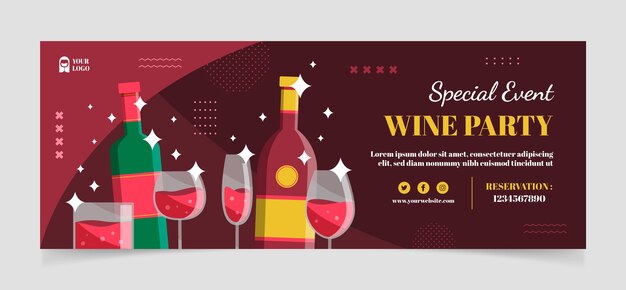 Flat design wine party facebook cover template