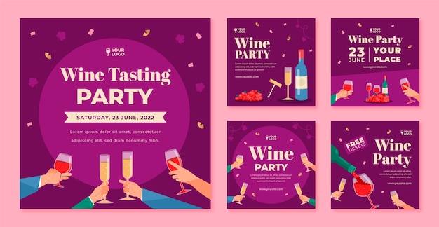 Vettore gratuito design piatto di post di instagram per feste di vino