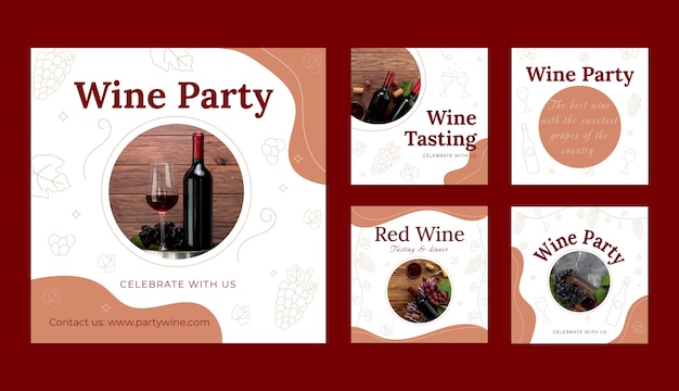 Vettore gratuito post di instagram per feste di vino dal design piatto