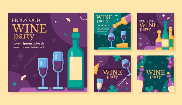 Free vector flat design wine party instagram posts