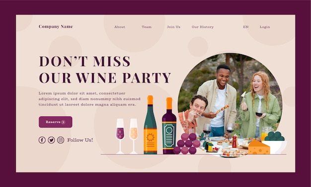 Flat design wine party landing page template