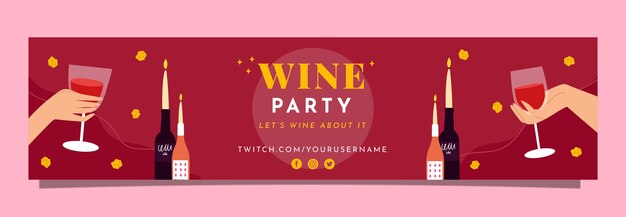 Flat design wine party twitch banner template