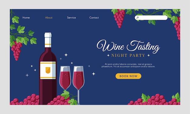 Плоский дизайн винной вечеринки с целевой страницей винограда