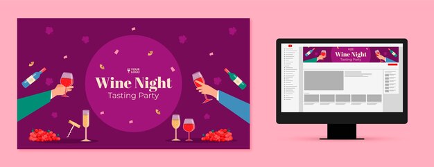 flat design wine party youtube channel art design