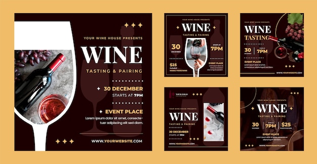 Free vector flat design wine tasting instagram posts