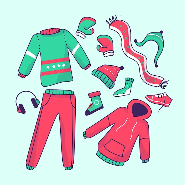 Бесплатное векторное изображение Плоский дизайн зимней одежды и предметов первой необходимости