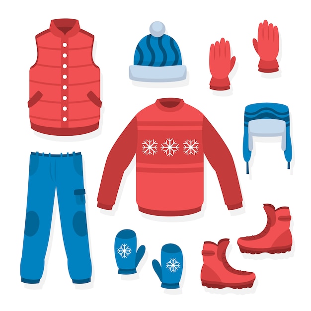 Плоский дизайн зимней одежды и предметов первой необходимости