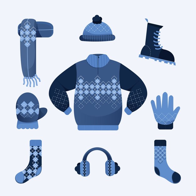 Плоский дизайн зимней одежды и предметов первой необходимости